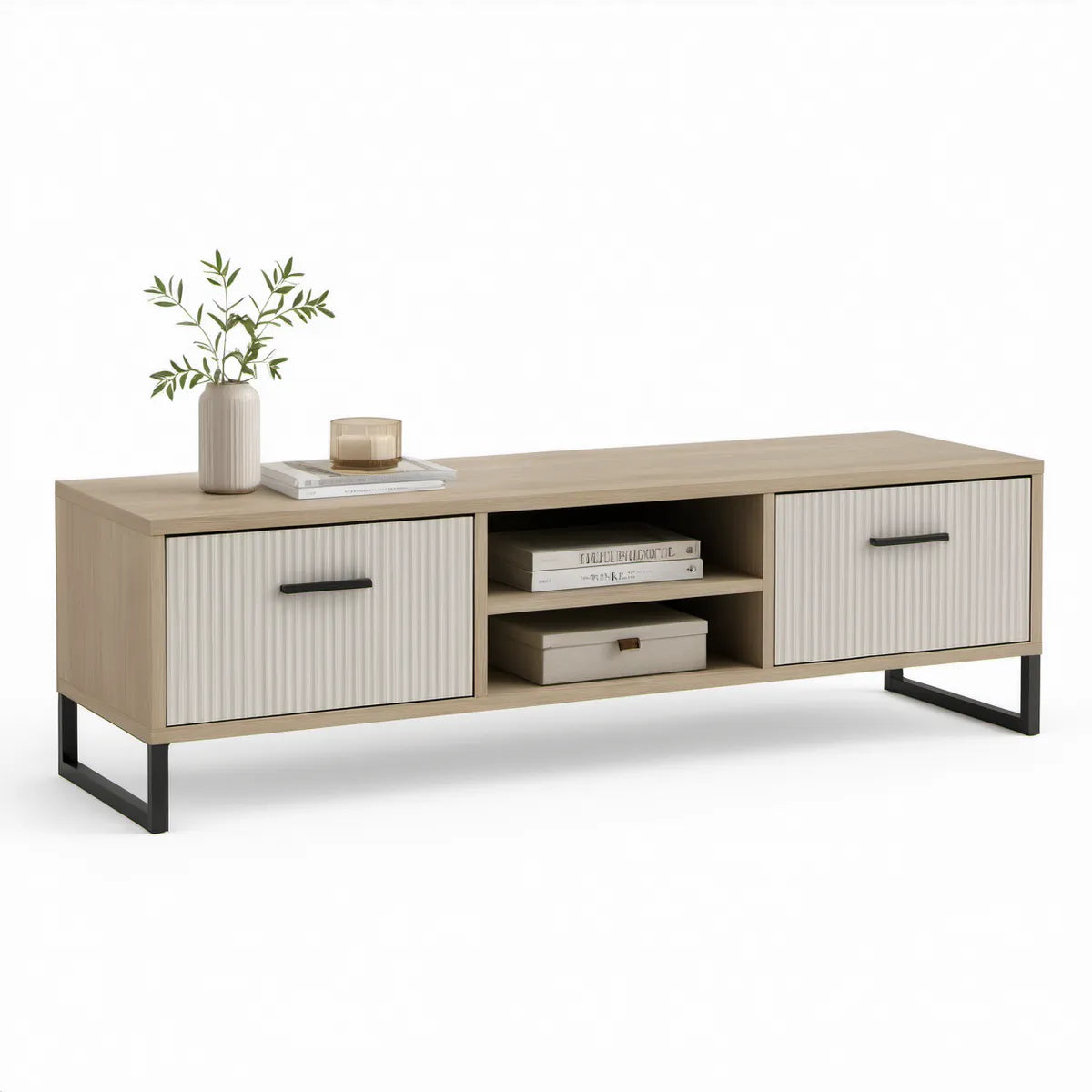 63 in. Modern TV Stand with Fluted Doors, Open Shelf and Steel Legs, Light Oak/Cream/Black