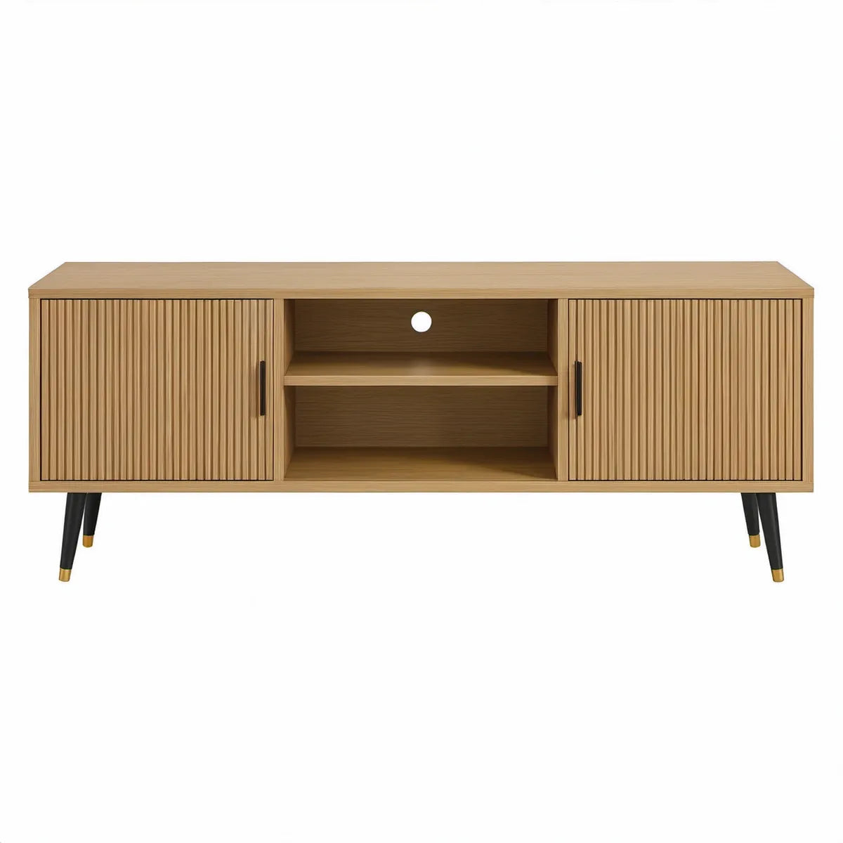 60 in Natural Oak MDF TV Stand with Fluted Doors, Open Shelves, Black Steel Legs and Gold Caps