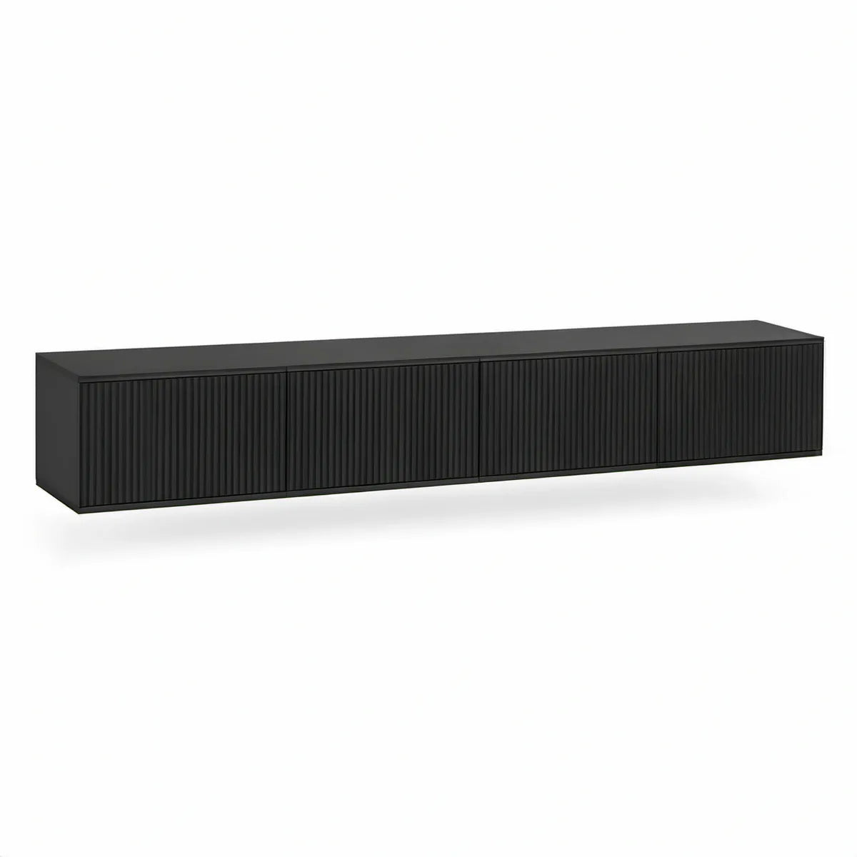 Black Wall-Mounted TV Stand with 4 Ribbed Doors, 70.9 x 15.7 x 13.8 in