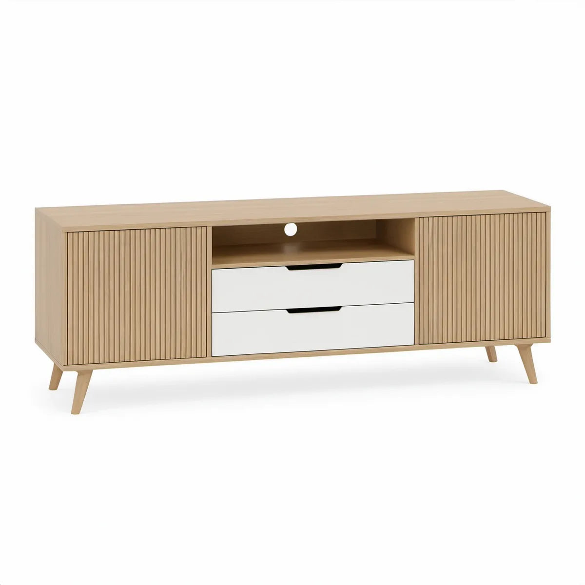 63 x 15.75 x 23.62 in Natural and White Engineered Wood TV Stand with 2 Fluted Doors, 2 Drawers and Open Shelf