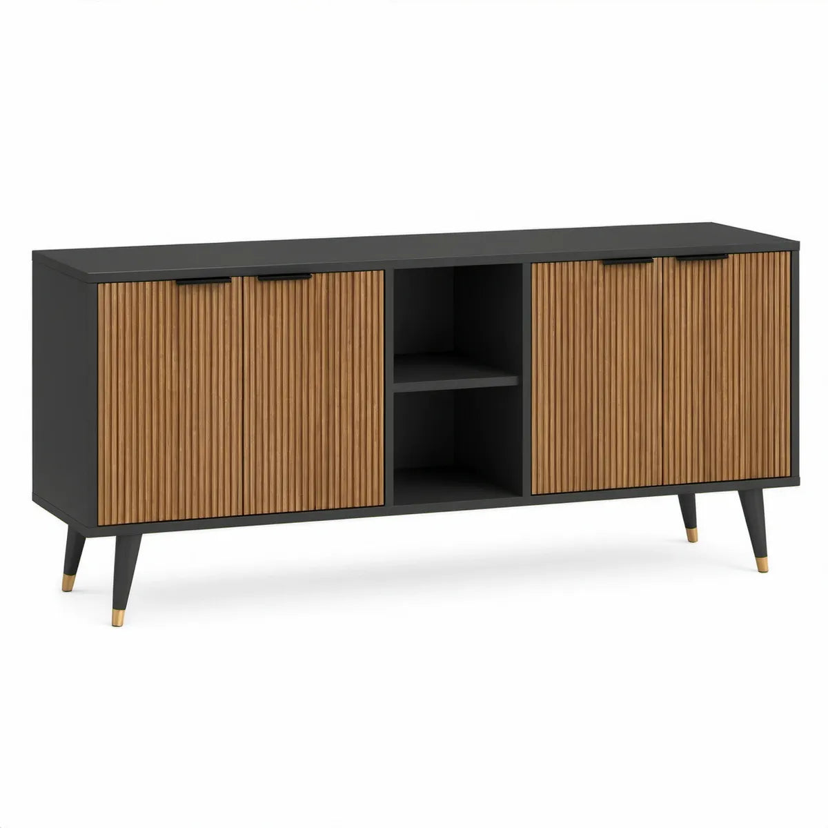 63 in Mid-Century Modern TV Stand with Sliding Bamboo Doors, Black and Natural Bamboo