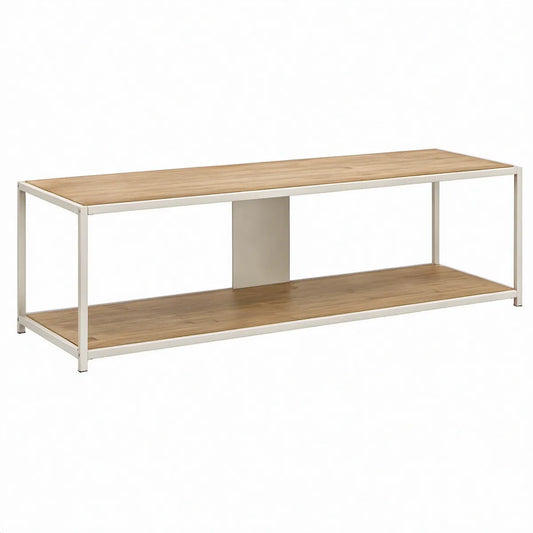 Natural and White MDF and Steel TV Stand with Open Shelf, 70.9 x 15.7 x 20.1 in