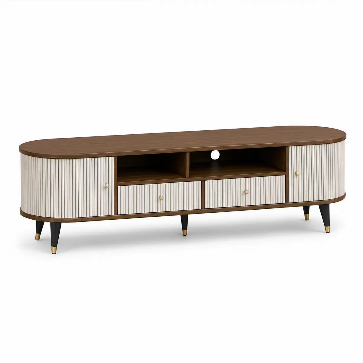 70.9 in. Rounded Walnut and Cream TV Stand with Fluted Doors, Drawers and Cable Management