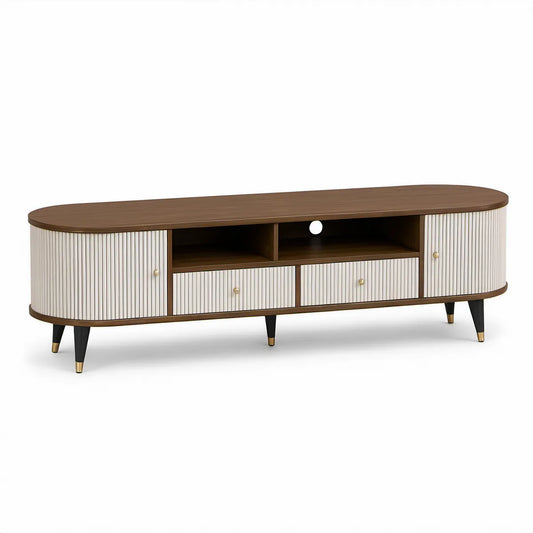 70.9 in. Rounded Walnut and Cream TV Stand with Fluted Doors, Drawers and Cable Management