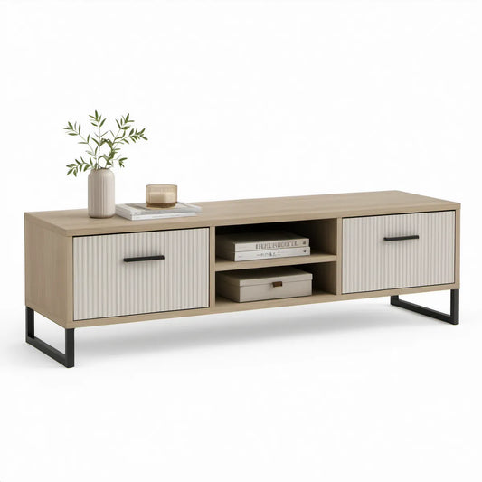 63 in. Modern TV Stand with Fluted Doors, Open Shelf and Steel Legs, Light Oak/Cream/Black