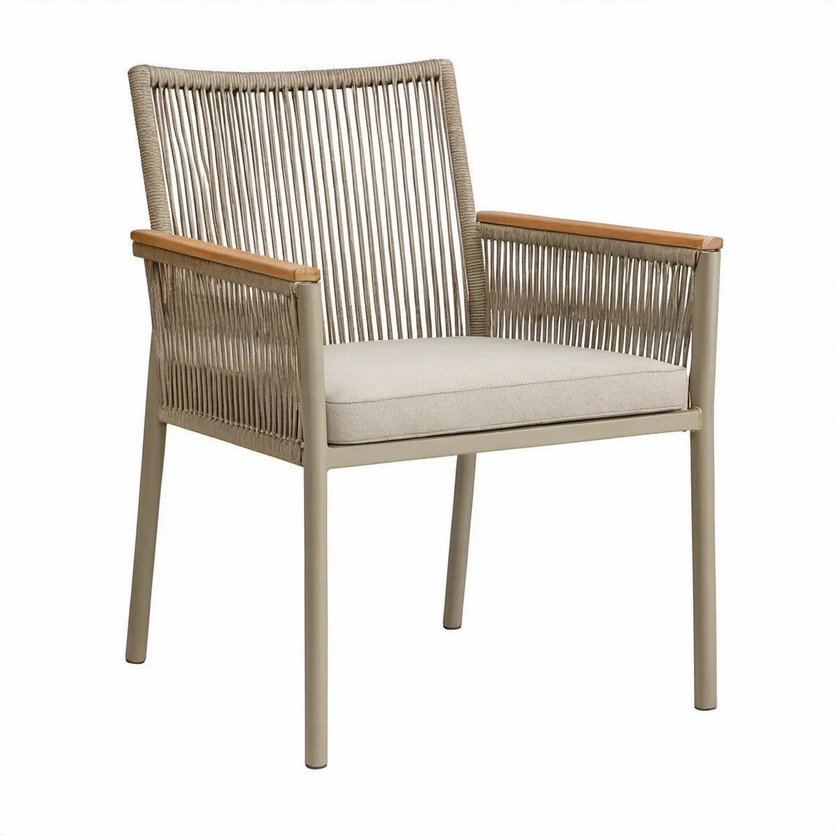 Outdoor Rope Armchair with Beige Cushion, Taupe Aluminum Frame and Natural Brown Wood Armrests, 61 x 65 x 84 cm