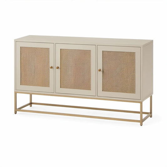 60 in W x 16 in D x 32 in H Beige MDF TV Stand with Natural Rattan Doors and Brass Steel Base