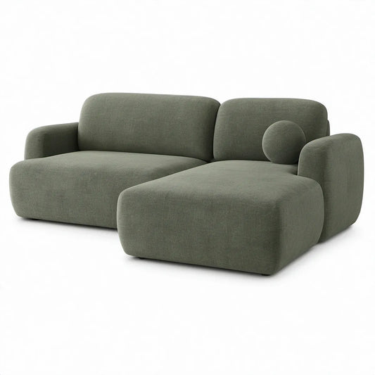 Right-Facing Chaise Sectional, 108 x 65 x 31 in, Curved Polyester Boucle, Olive Green