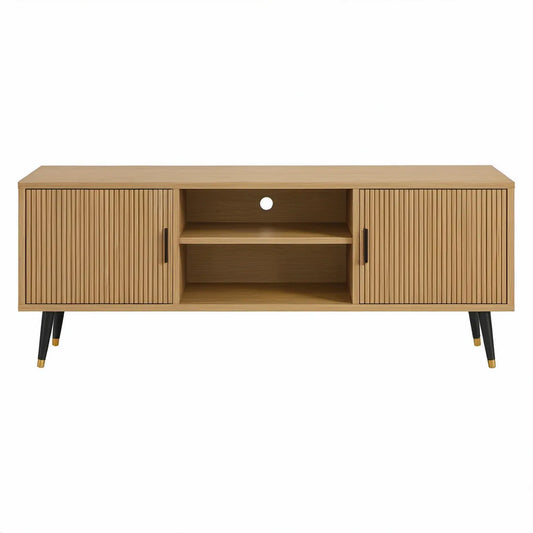 60 in Natural Oak MDF TV Stand with Fluted Doors, Open Shelves, Black Steel Legs and Gold Caps