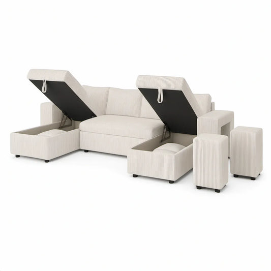 Cream Corduroy Sectional Sofa with Lift-Top Storage and 2 Ottomans, 110.2 x 55.1 x 33.5 in