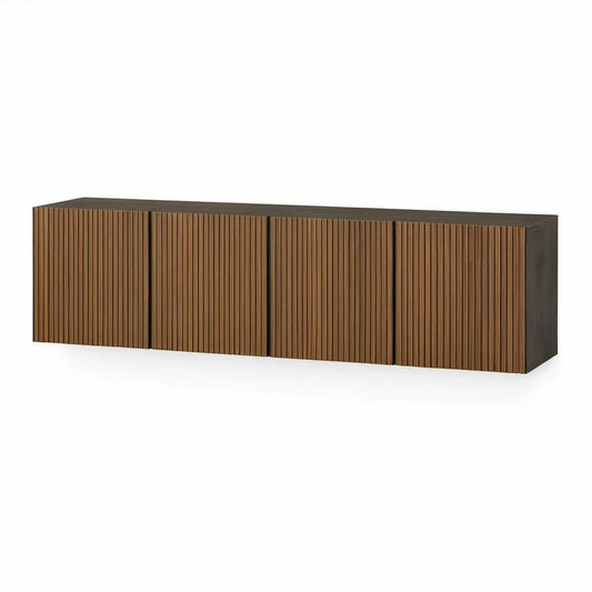 71 x 16 x 24 in Rectangular Walnut Veneer Media Console with Fluted Doors, Dark Brown/Walnut Brown