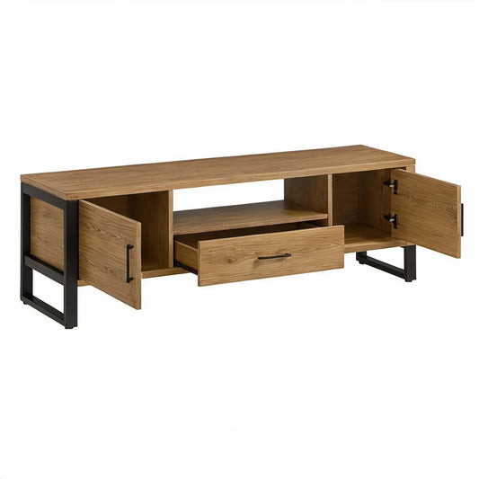 70.9 x 15.7 x 19.7 in Brown Wood-Grain TV Stand with Black Steel Frame, 2 Cabinets, Drawer and Open Shelf