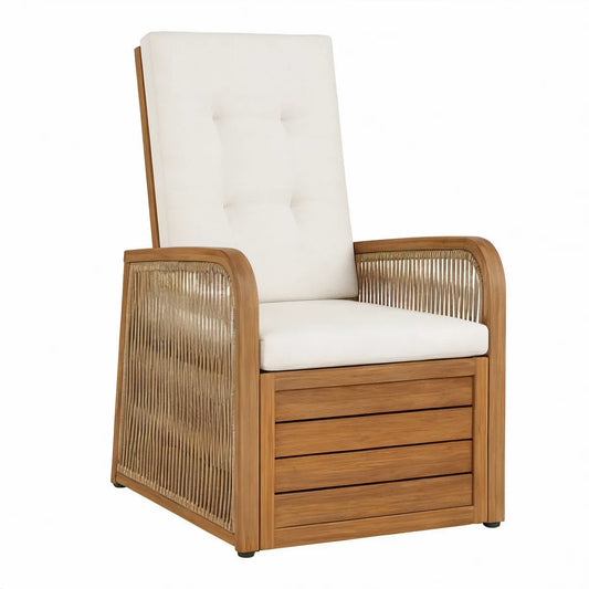 Outdoor Acacia Wood Armchair with Beige Cushions and Woven Rope, 30 x 35 x 41 in