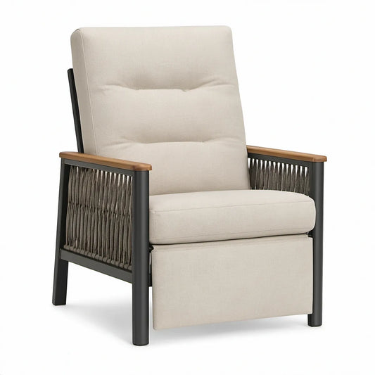 Outdoor High-Back Lounge Chair with Beige Cushions, Black Aluminum Frame and Acacia Wood Armrests, 28.3 x 32.7 x 38.6 in