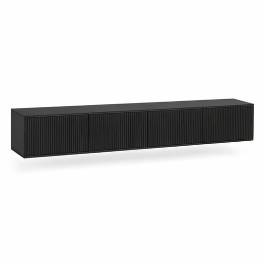 Black Wall-Mounted TV Stand with 4 Ribbed Doors, 70.9 x 15.7 x 13.8 in