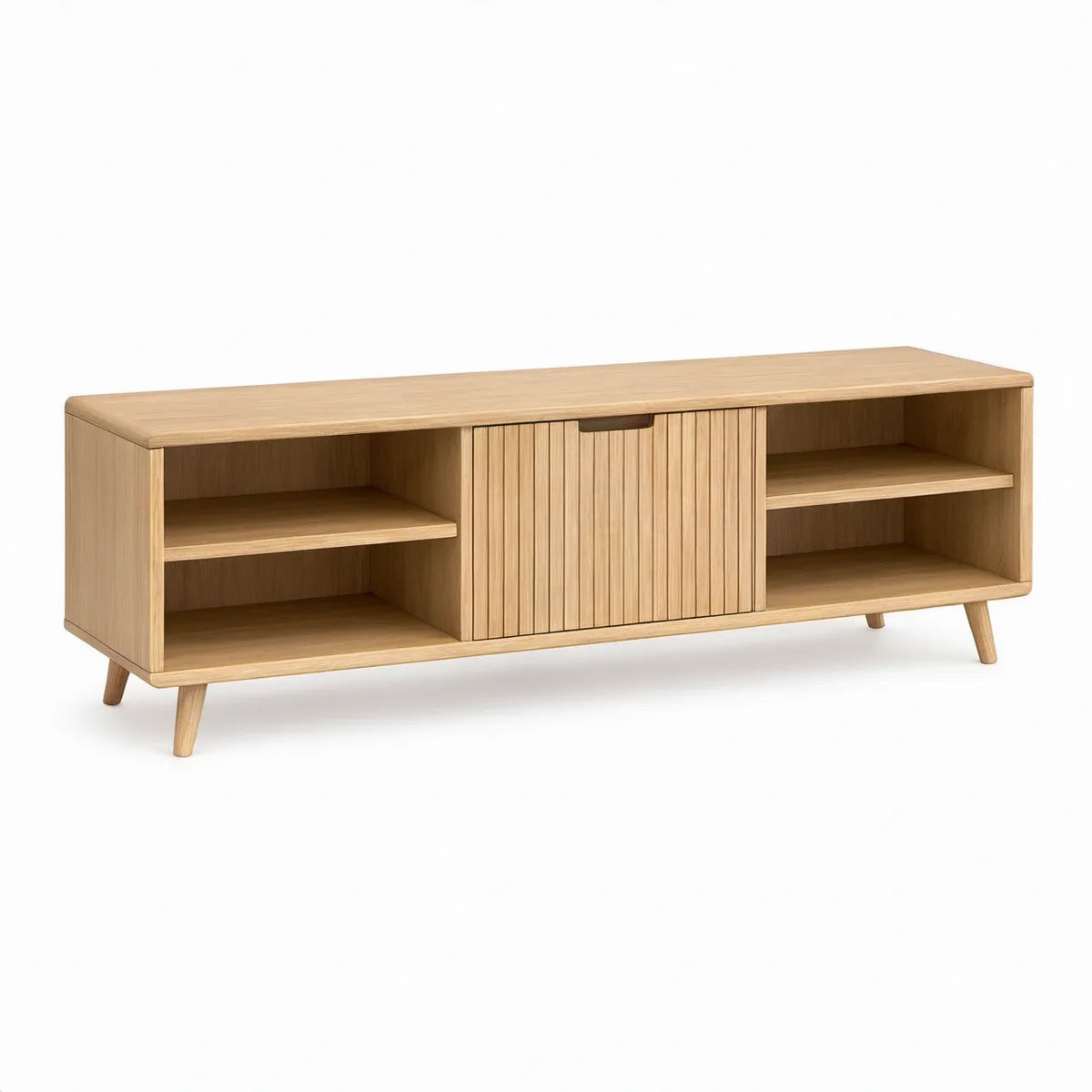 Natural Oak Engineered Wood TV Stand, 59.1 x 15.7 x 21.7 in, with Sliding Fluted Doors