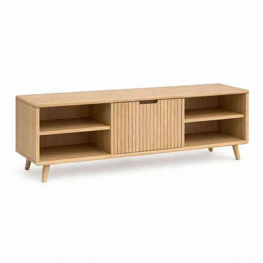 Natural Oak Engineered Wood TV Stand, 59.1 x 15.7 x 21.7 in, with Sliding Fluted Doors
