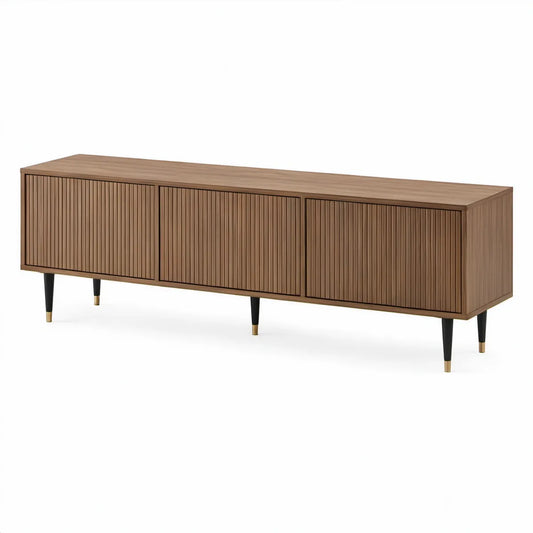 78 in Walnut Brown Engineered Wood Media Console with 4 Ribbed Doors, Black Legs and Brass Caps