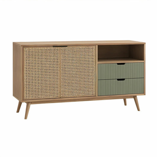 47.2 in Natural Wood and Green Rattan TV Stand Media Console with 2 Drawers
