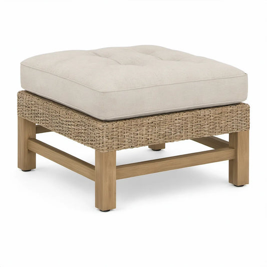 32 x 32 x 18 in Outdoor Patio Square Ottoman with Beige Polyester Cushion, PE Wicker and Acacia Wood Frame