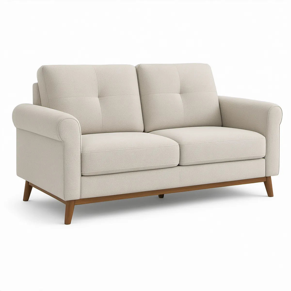 Ivory Polyester Upholstered Loveseat with Brown Rubberwood Legs, 63 x 35 x 35 in