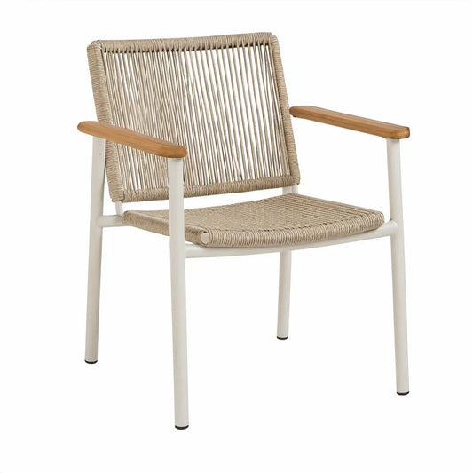 Beige and White Rope Armchair with Aluminum Frame and Acacia Wood Armrests, 23.6 x 26 x 31.5 in