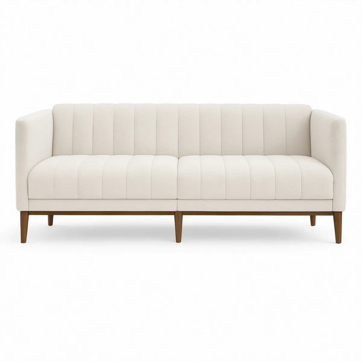 Ivory Boucle 3-Seat Sofa with Brown Wood Legs, 76 x 34 x 30 in