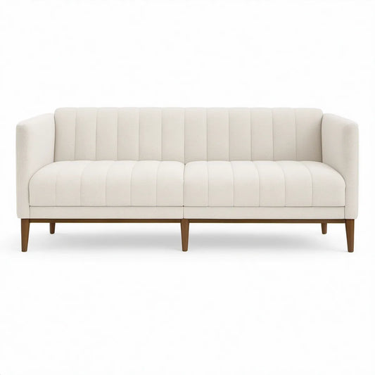 Ivory Boucle 3-Seat Sofa with Brown Wood Legs, 76 x 34 x 30 in