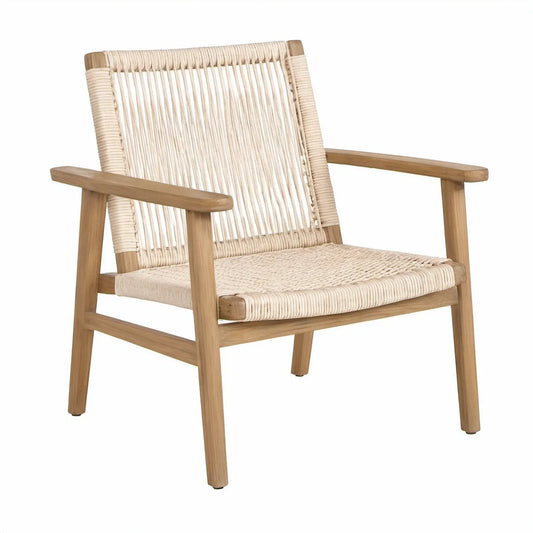 Outdoor Lounge Armchair, 28 x 30 x 33 in, Solid Acacia Wood and Polypropylene Rope, Natural/Beige
