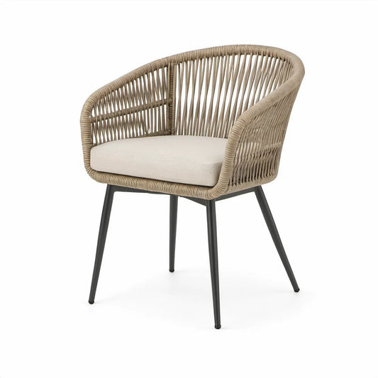 PE Rattan Armchair with Ivory Cushion and Black Steel Legs, 63 x 65 x 81 cm