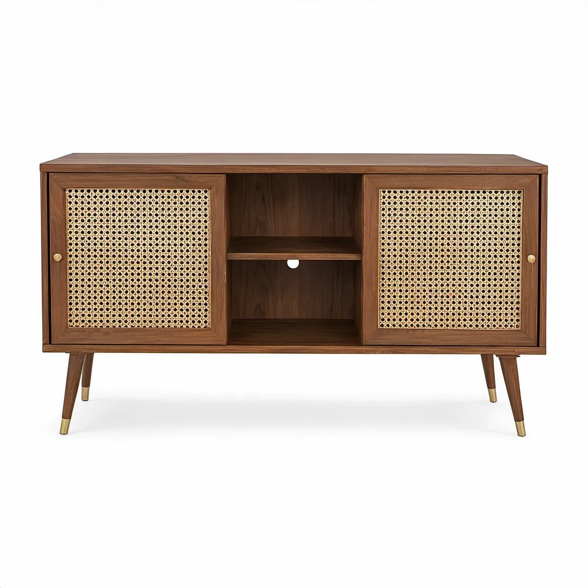 Walnut Brown Media Console with Natural Tan Rattan Doors and Brass Accents, 60 x 16 x 30 in