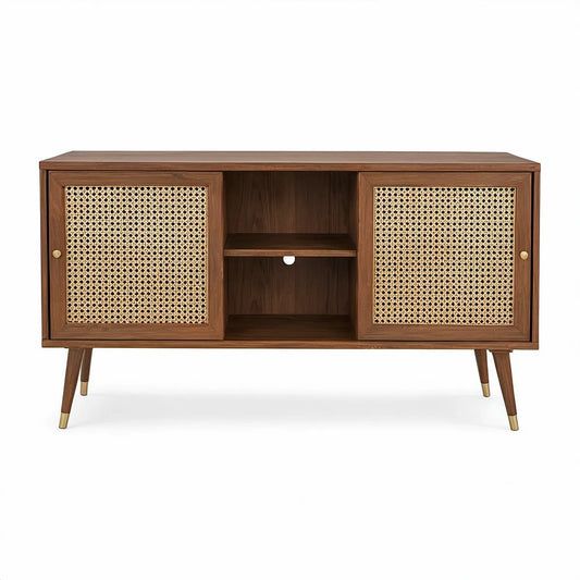 Walnut Brown Media Console with Natural Tan Rattan Doors and Brass Accents, 60 x 16 x 30 in