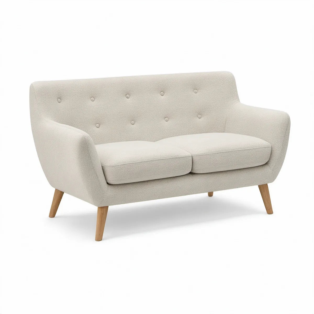 Cream Tufted Loveseat, 57 x 32 x 34 in, Curved Boucle Upholstery with Natural Wood Legs